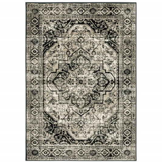 6' X 9' Black Grey Tan And Ivory Oriental Power Loom Stain Resistant Area Rug