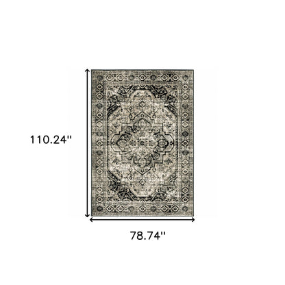 6' X 9' Black Grey Tan And Ivory Oriental Power Loom Stain Resistant Area Rug