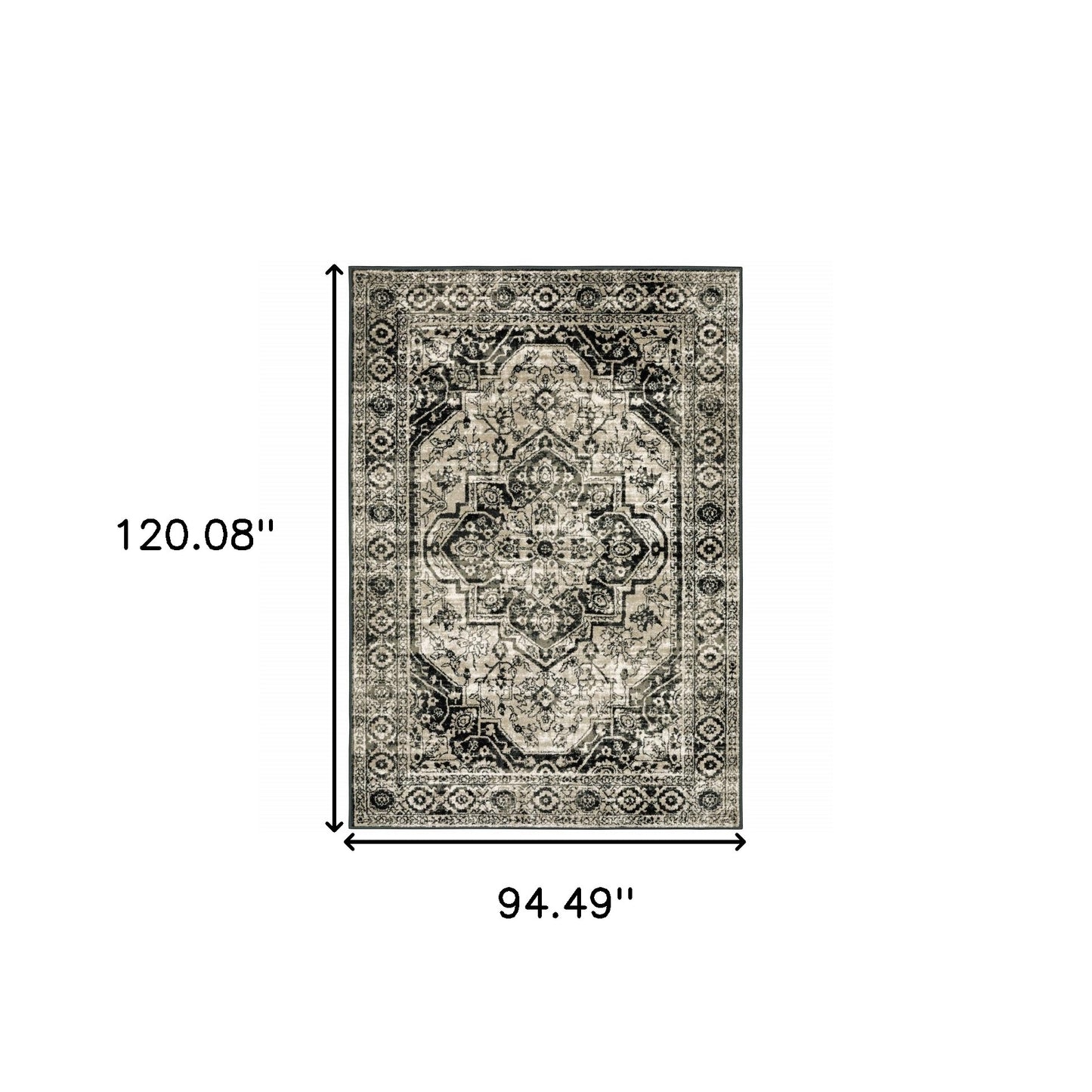 8' X 10' Black Grey Tan And Ivory Oriental Power Loom Stain Resistant Area Rug