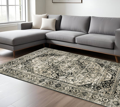 8' X 10' Black Grey Tan And Ivory Oriental Power Loom Stain Resistant Area Rug