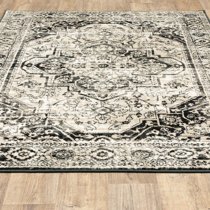 8' X 10' Black Grey Tan And Ivory Oriental Power Loom Stain Resistant Area Rug