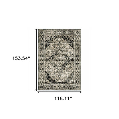 10' X 13' Black Grey Tan And Ivory Oriental Power Loom Stain Resistant Area Rug