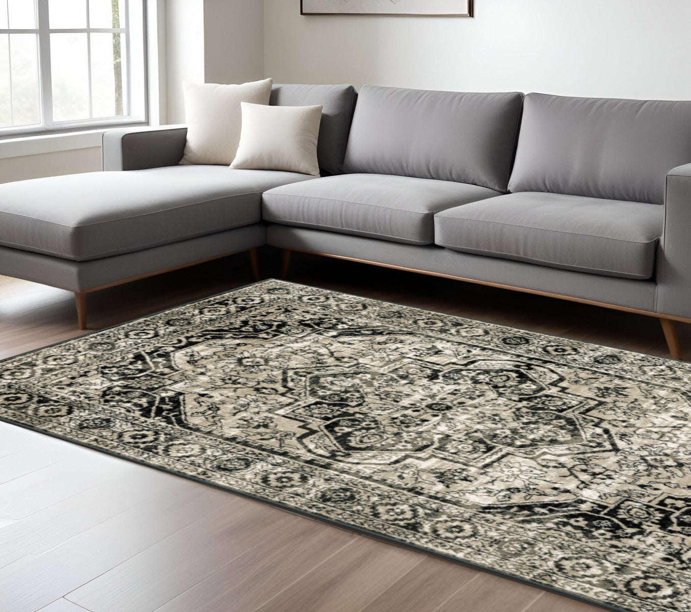 10' X 13' Black Grey Tan And Ivory Oriental Power Loom Stain Resistant Area Rug