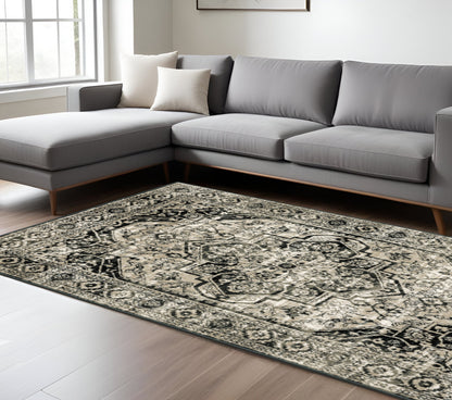 10' X 13' Black Grey Tan And Ivory Oriental Power Loom Stain Resistant Area Rug