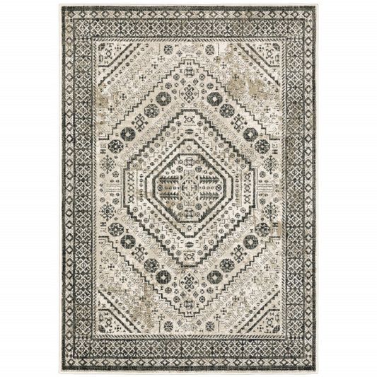 8' X 10' Ivory Grey Black And Ivory Oriental Power Loom Stain Resistant Area Rug