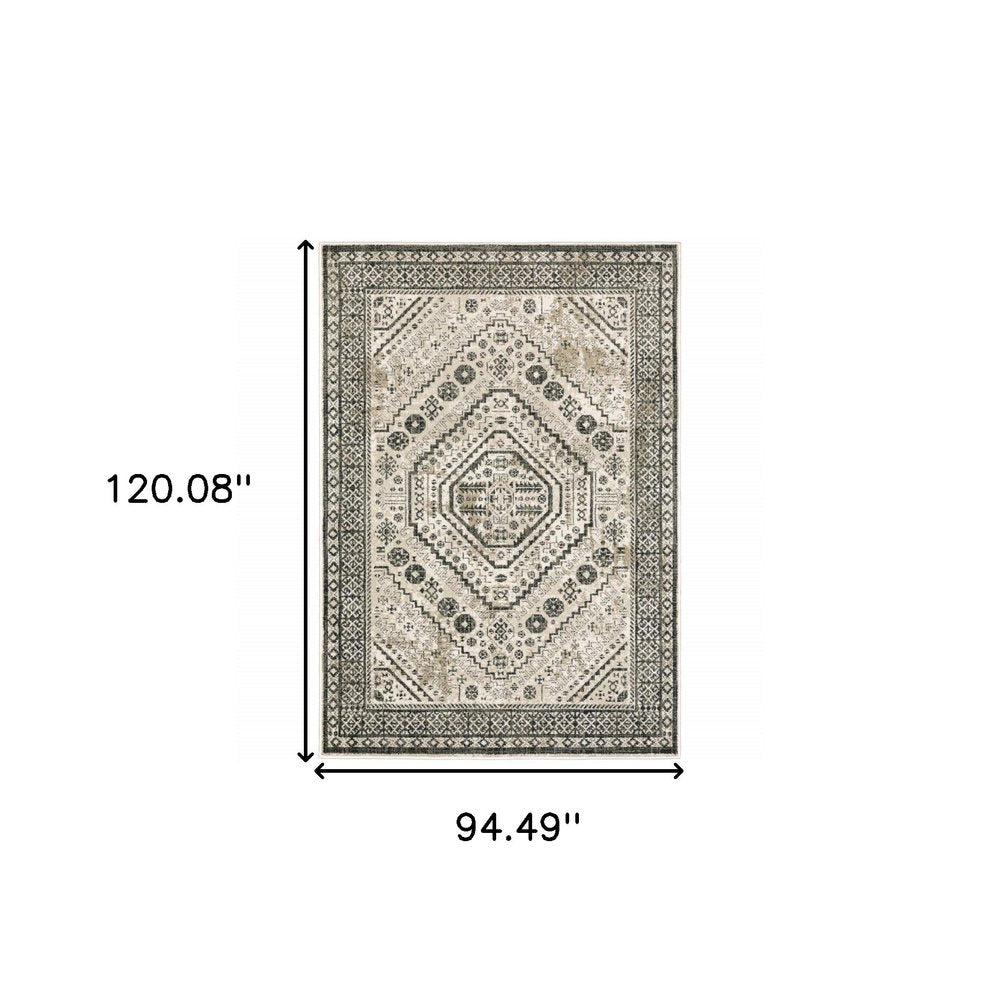 8' X 10' Ivory Grey Black And Ivory Oriental Power Loom Stain Resistant Area Rug