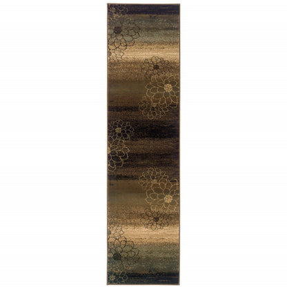 8' Brown Beige And Black Floral Runner Rug