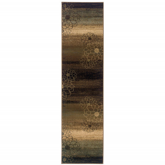 8' Brown Beige And Black Floral Runner Rug