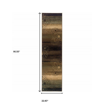 8' Brown Beige And Black Floral Runner Rug