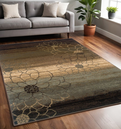 5' X 8' Brown And Beige Floral Power Loom Stain Resistant Area Rug
