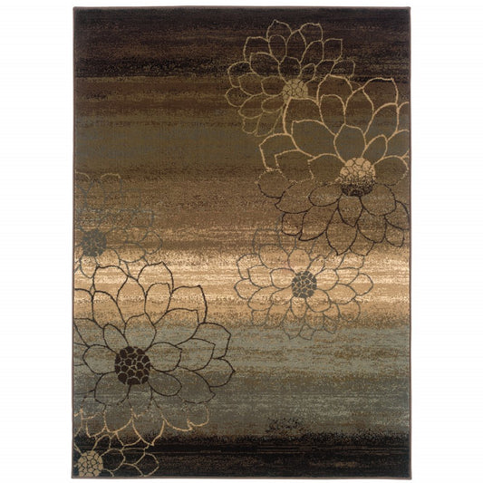 7' X 10' Brown Beige And Black Floral Area Rug