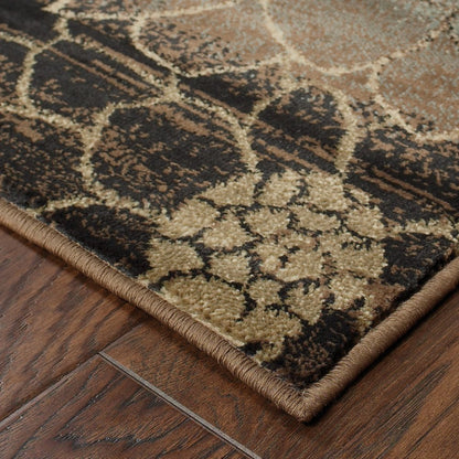 7' X 10' Brown Beige And Black Floral Area Rug