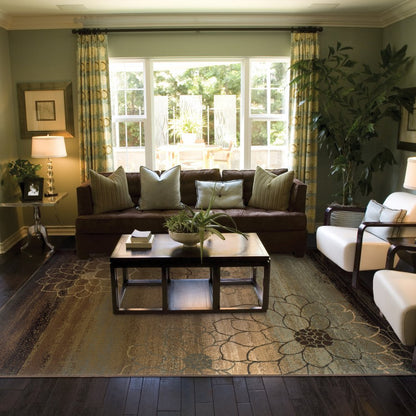 7' X 10' Brown Beige And Black Floral Area Rug