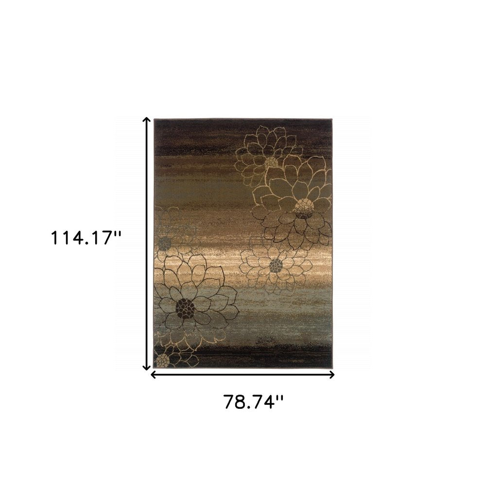 7' X 10' Brown Beige And Black Floral Area Rug