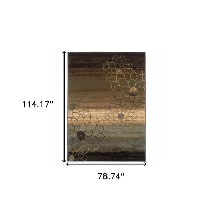 7' X 10' Brown Beige And Black Floral Area Rug
