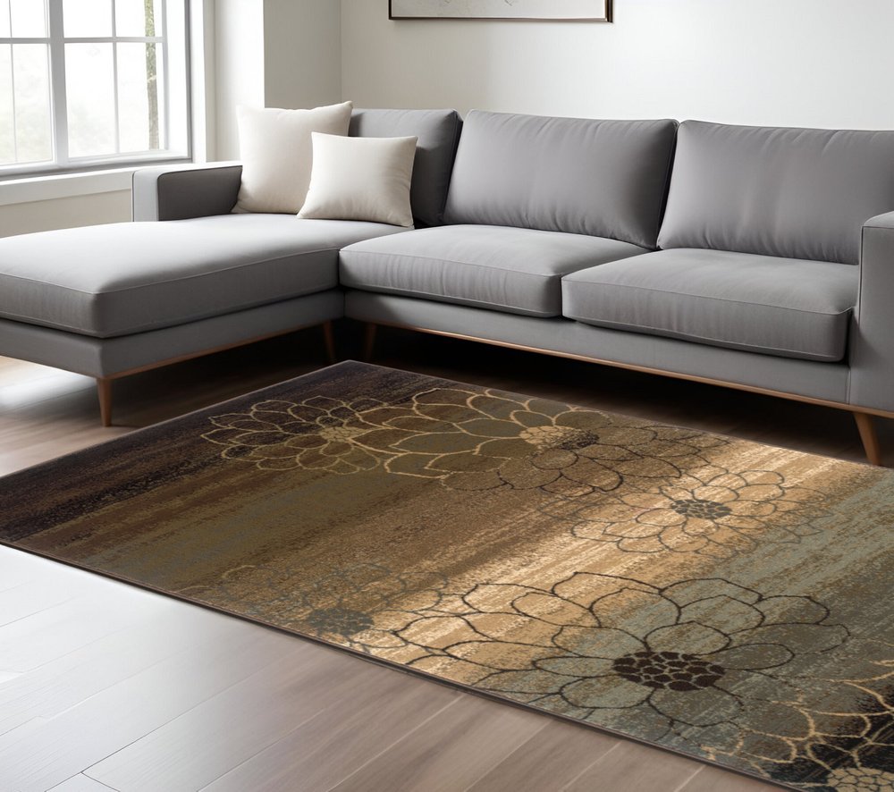 7' X 10' Brown Beige And Black Floral Area Rug