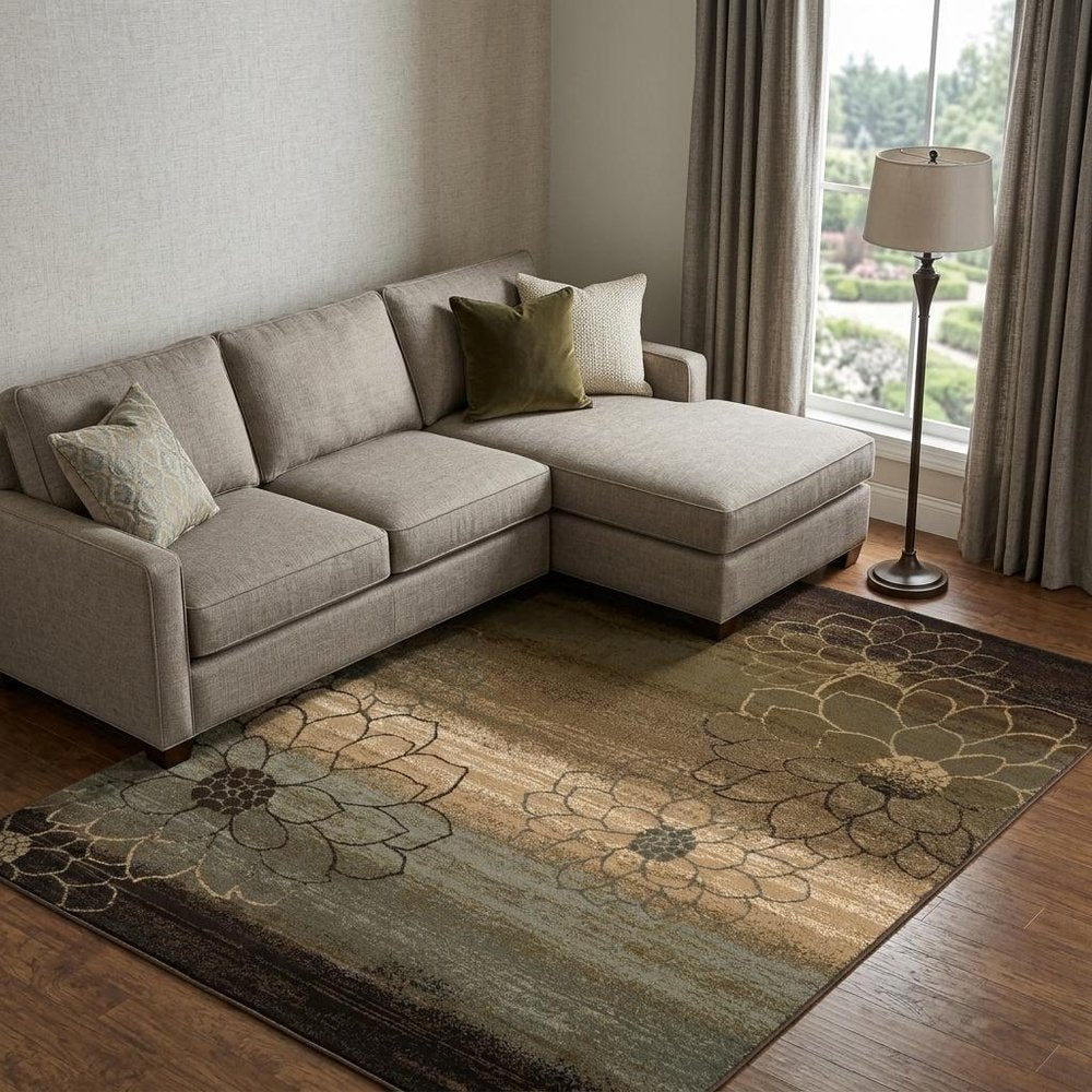 8' X 11' Brown Beige And Black Floral Area Rug