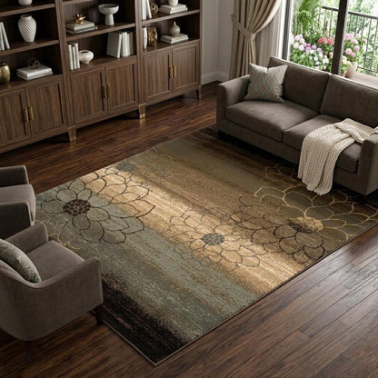 8' X 11' Brown Beige And Black Floral Area Rug