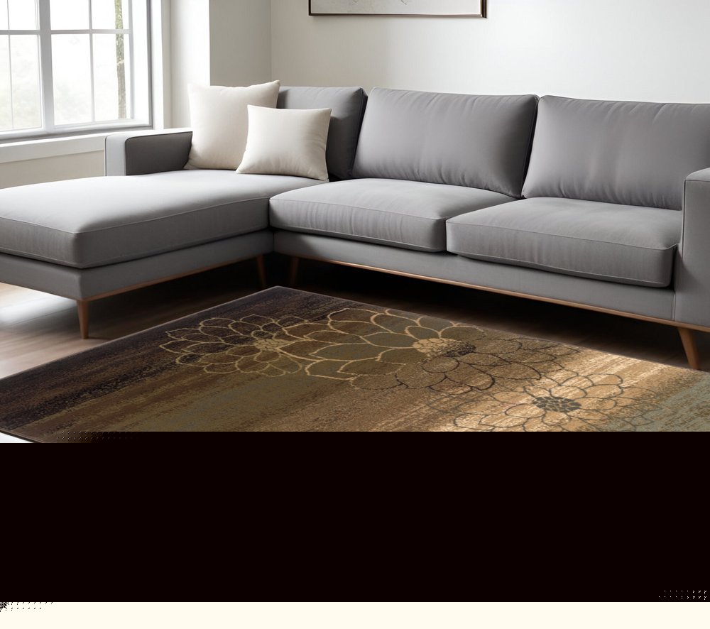8' X 11' Brown Beige And Black Floral Area Rug