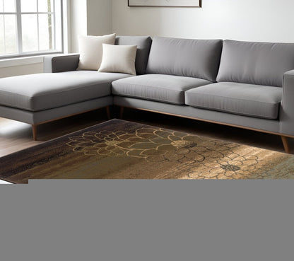 8' X 11' Brown Beige And Black Floral Area Rug