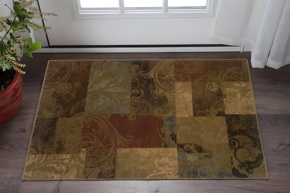 2' X 3' Green And Red Geometric Power Loom Stain Resistant Area Rug