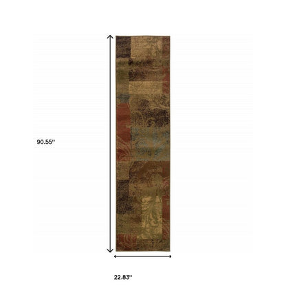 2' X 8' Green Geometric Power Loom Stain Resistant Runner Rug