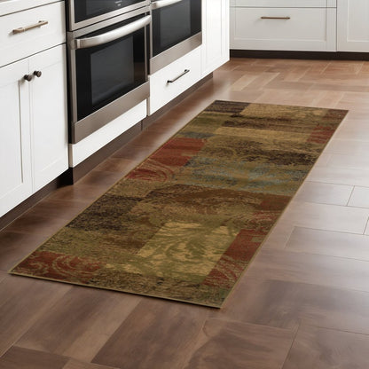 2' X 8' Green Geometric Power Loom Stain Resistant Runner Rug