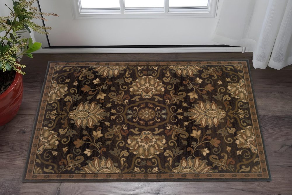 2' X 3' Brown Beige Blue And Red Oriental Power Loom Stain Resistant Area Rug