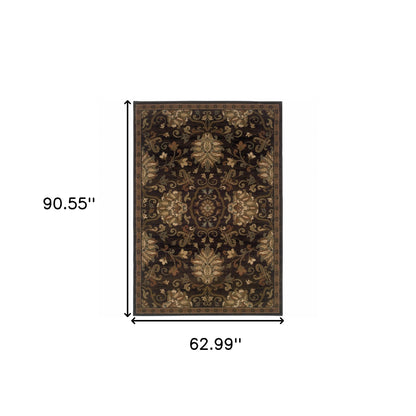 5' X 8' Brown Beige Blue And Red Oriental Power Loom Stain Resistant Area Rug