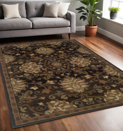 5' X 8' Brown Beige Blue And Red Oriental Power Loom Stain Resistant Area Rug