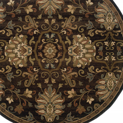 8' Brown Round Oriental Power Loom Stain Resistant Area Rug