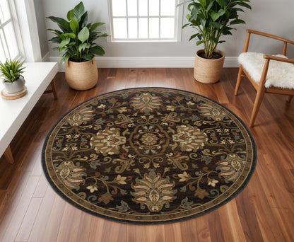 8' Brown Round Oriental Power Loom Stain Resistant Area Rug