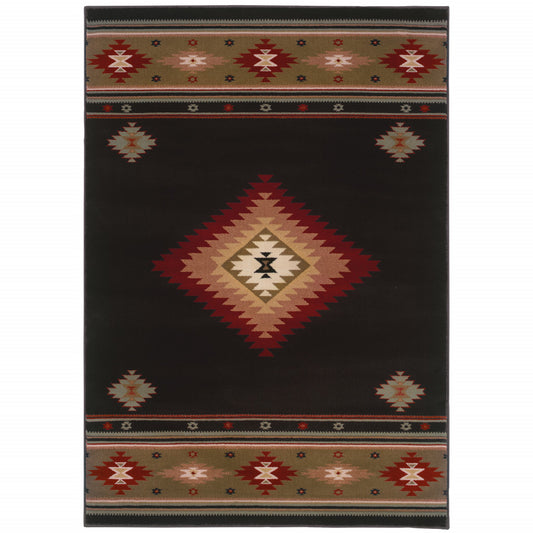 2' X 3' Black And Green Southwestern Power Loom Stain Resistant Area Rug