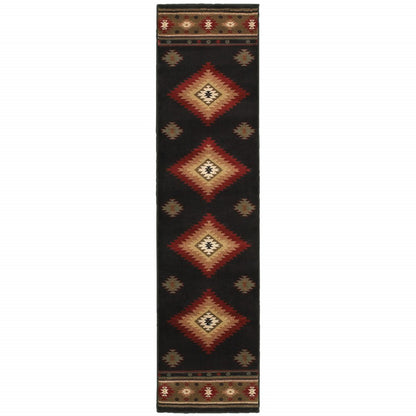 8' Black And Green Southwestern Runner Rug