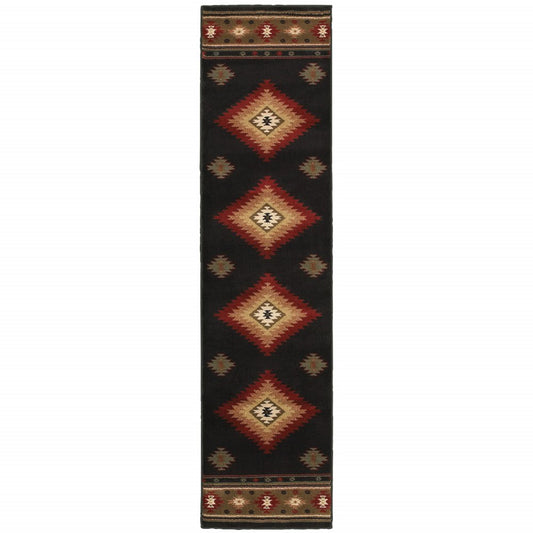 8' Black And Green Southwestern Runner Rug