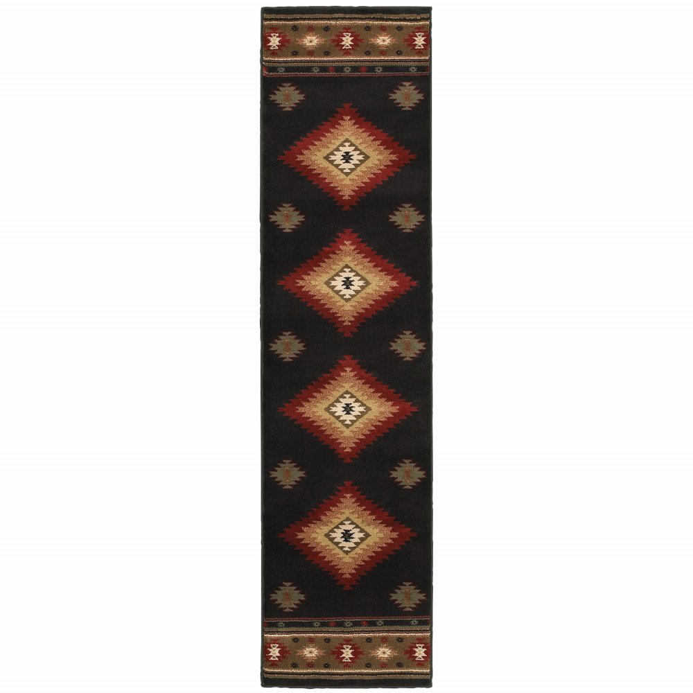 8' Black And Green Southwestern Runner Rug