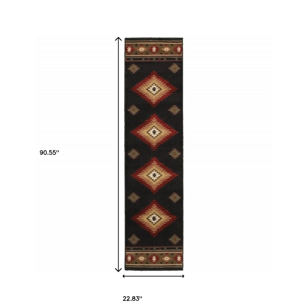 8' Black And Green Southwestern Runner Rug