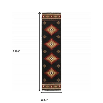 8' Black And Green Southwestern Runner Rug