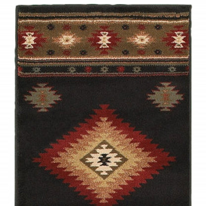 8' Black And Green Southwestern Runner Rug