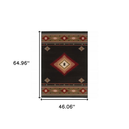 4' X 6' Black And Green Southwestern Power Loom Stain Resistant Area Rug