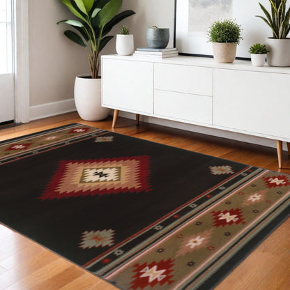 4' X 6' Black And Green Southwestern Power Loom Stain Resistant Area Rug