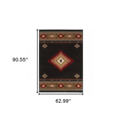 5' X 8' Black And Green Southwestern Power Loom Stain Resistant Area Rug