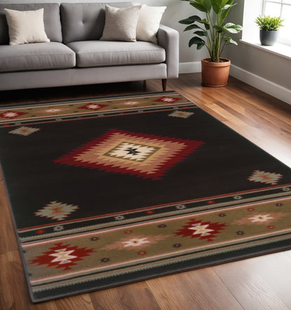 5' X 8' Black And Green Southwestern Power Loom Stain Resistant Area Rug