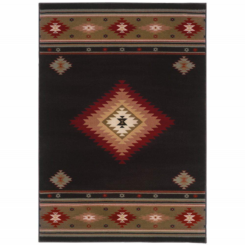 6' X 9' Black And Green Southwestern Power Loom Stain Resistant Area Rug