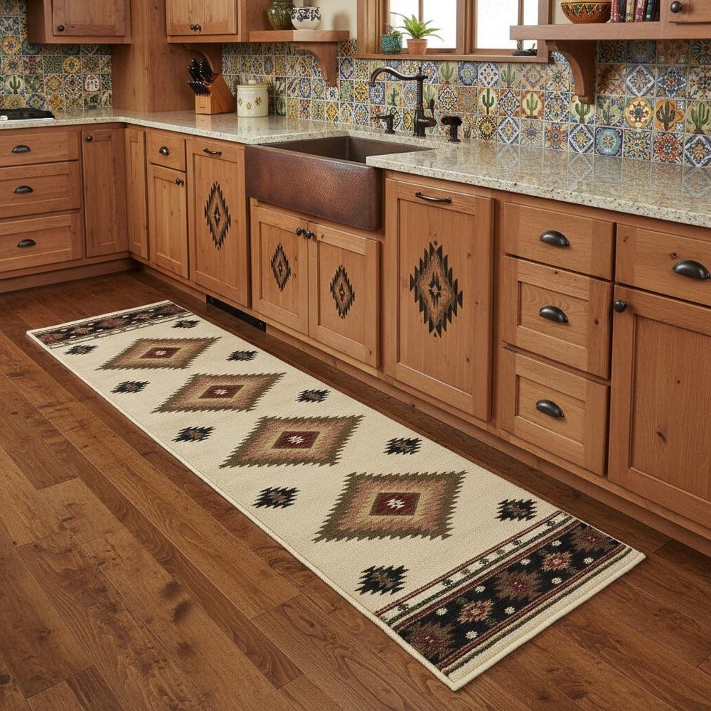 2' X 8' Beige Southwestern Power Loom Stain Resistant Runner Rug