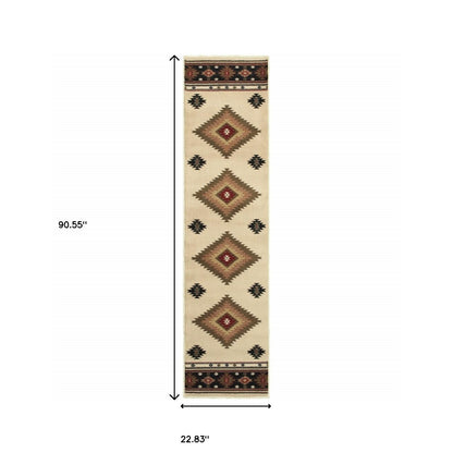 2' X 8' Beige Southwestern Power Loom Stain Resistant Runner Rug