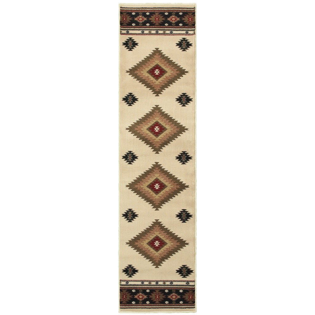 2' X 8' Beige Southwestern Power Loom Stain Resistant Runner Rug