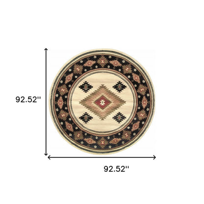 8' Beige Round Southwestern Power Loom Stain Resistant Area Rug