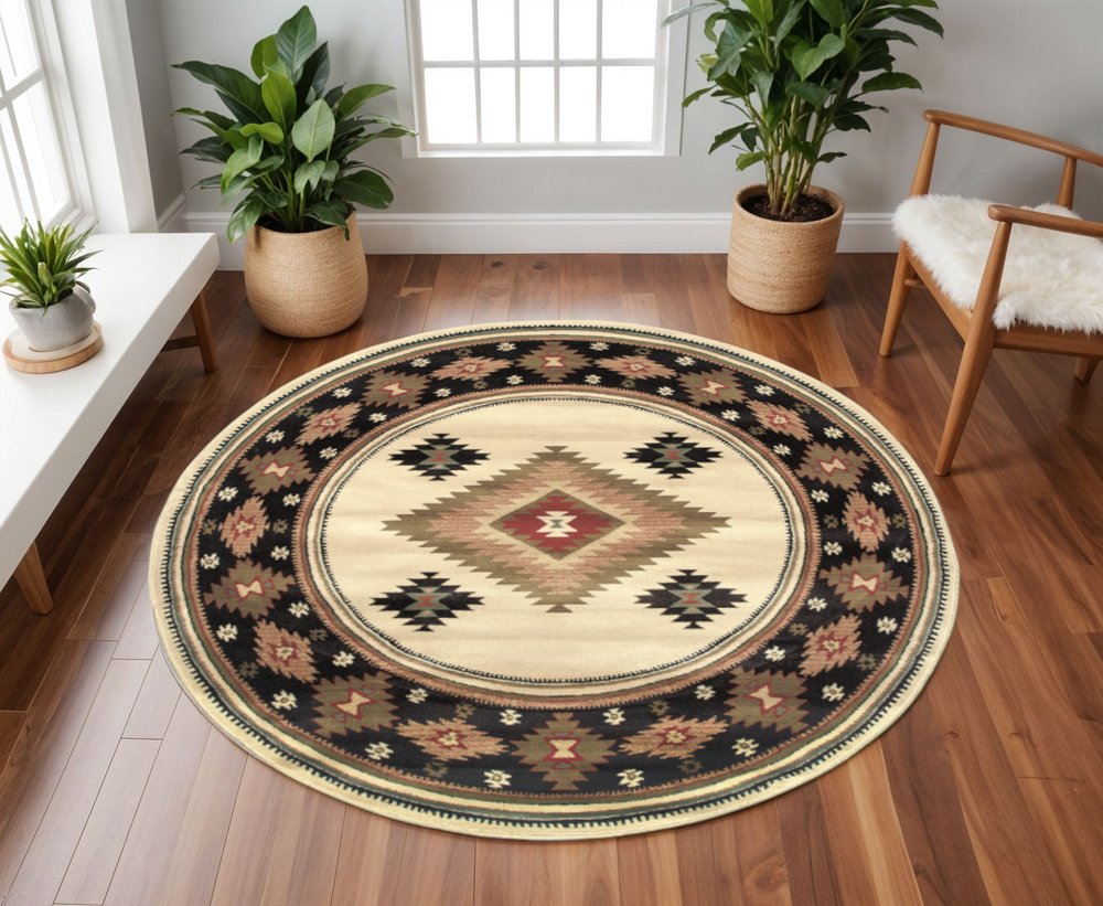 8' Beige Round Southwestern Power Loom Stain Resistant Area Rug