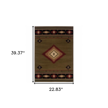 2' X 3' Green Southwestern Power Loom Stain Resistant Area Rug